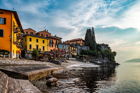 Lakeside of Varenna at sunsetの写真素材