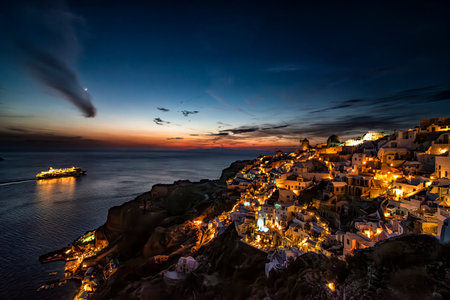 Sunset in Oia town on Santorini islandの写真素材