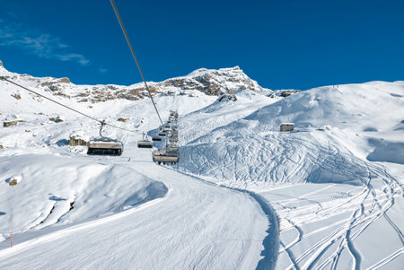 View of the Matterhorn and the ski slopes of Cerviniaの写真素材