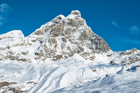 View of the Matterhorn and the ski slopes of Cerviniaの写真素材