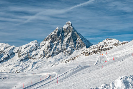 View of the Matterhorn and the ski slopes of Cerviniaの写真素材