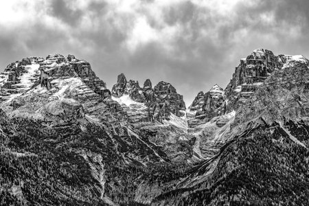 View of the Brenta Dolomites in black and whiteの写真素材