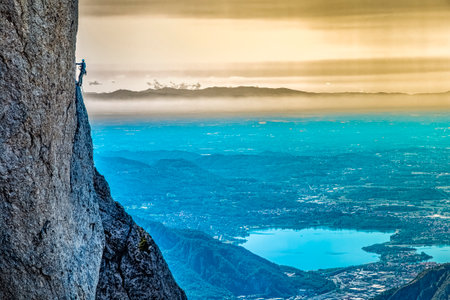 Climbing scene on Grigna mountain in the alps of Leccoの写真素材