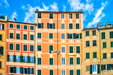 Colored building facades in the town of Camogliの写真素材