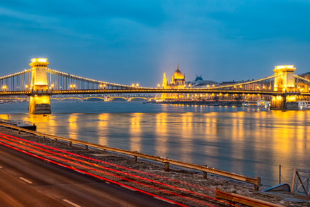 Night landscape of Budapest and the chain bridgeの写真素材