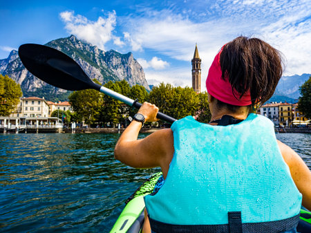 Visiting Lake Como on a canoeの写真素材
