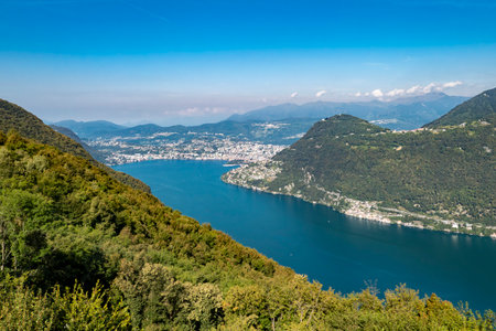 Landscape of Lake Lugano from Lanzo d'Intelvi balconyの写真素材
