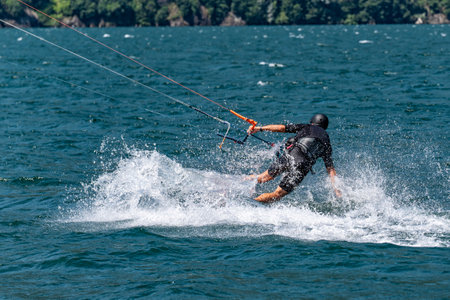 Close-up of a kitesurfer on Lake Comoの写真素材