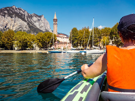 Visiting Lake Como on a canoeの写真素材