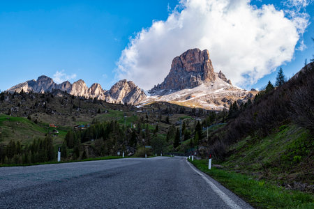 Alpine road in the Dolomites at Giau Passの写真素材