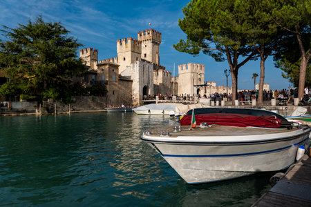 View of the old town of Sirmione on Lake Gardaの写真素材