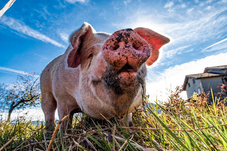 Close-up of a pig from belowの写真素材