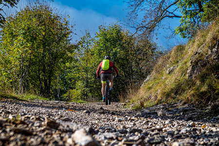 Mountain bike trekking in the alpsの写真素材