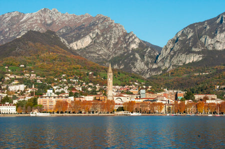 Landscape of Lecco town in an autumnal eveningの写真素材
