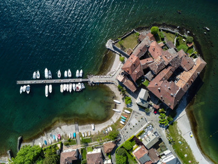 Aerial view of Lierna, a village on Lake Comoの写真素材