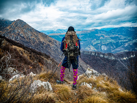 Backpacker in the Italian alpsの写真素材