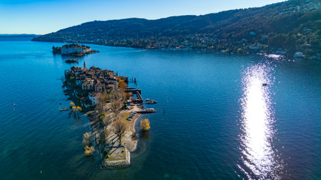 Aerial view of the Borromean islands on Lake Maggiore