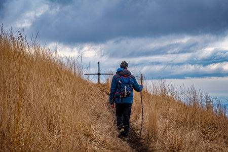 Mountaineer on mount Puscio a mountain of Lake Como prealpsの写真素材