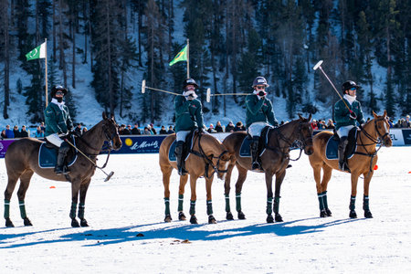 St. Moritz - January 28, 2024: Game actions and awards ceremony at the Snow Polo World Cup St.Moritz 2024 finalsのeditorial素材