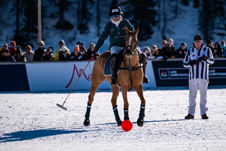 St. Moritz - January 28, 2024: Game actions and awards ceremony at the Snow Polo World Cup St.Moritz 2024 finalsのeditorial素材