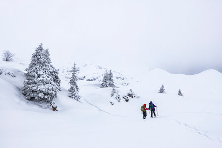 Winter trekking scene in the Italian alps of Valsassinaの写真素材