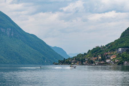 Water ski scene on Lake Luganoの写真素材