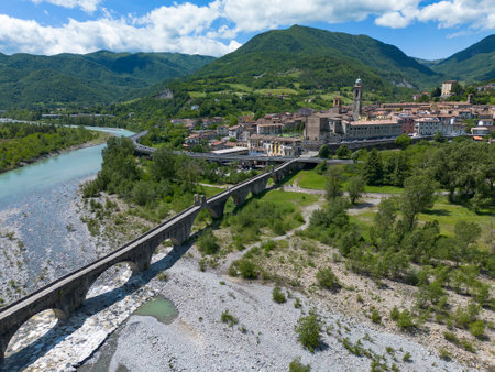 Aerial view of Bobbio village and its ancient bridgeの写真素材