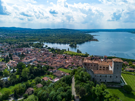 Aerial view of the Rocca the Angera fortressの写真素材