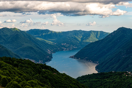 Landscape of Lake Como at sunset from Intelvi Valleyの写真素材