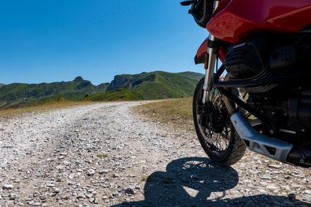 Detail of a motorbike on via del sale trail in piedmontの写真素材