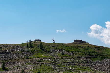 View of the road of Colle Della Lombarda Pass from Vinadio in Piedmontの写真素材