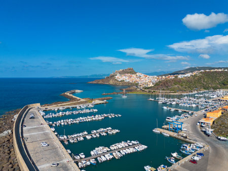 View of the town of Castelsardo on the coastline of Sardiniaの写真素材
