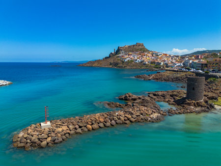 View of the town of Castelsardo on the coastline of Sardiniaの写真素材