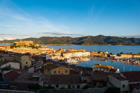 View of Portoferraio town on Elba Island at sunsetの写真素材