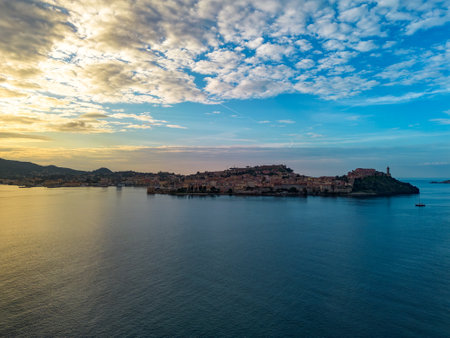 View of Portoferraio town on Elba Island at sunsetの写真素材