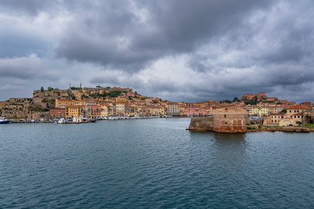Landscape of Portoferraio rown in a cloudy dayの写真素材