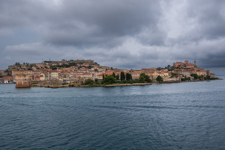 Landscape of Portoferraio rown in a cloudy dayの写真素材