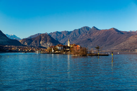 Beautiful view from the lakeside of Lake Maggiore in Piedmontの写真素材