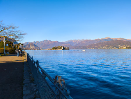 Beautiful view from the lakeside of Lake Maggiore in Piedmontの写真素材