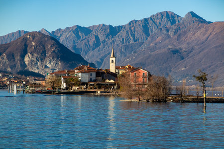 Beautiful view from the lakeside of Lake Maggiore in Piedmontの写真素材