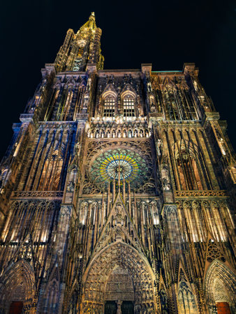 NIght view of the Cathedral of Strasbourgの写真素材