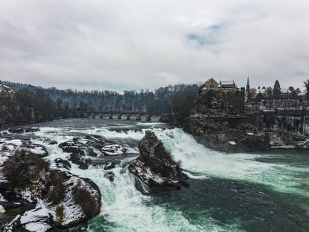 Winter view of the Rheinfall in Schaffhausen town in Switzerlandの写真素材