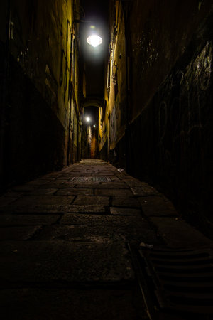 Night view of a alley in Genoaの写真素材