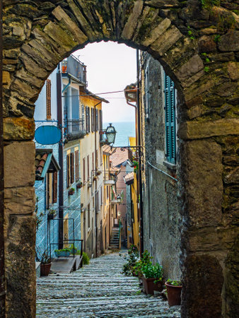 View of the village of Santa Maria Rezzonico on Lake Comoの写真素材