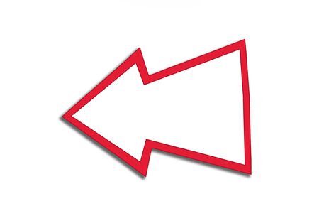 Speech bubble in the form of a red left arrow isolated on a white background. Pointer with copy space.の写真素材