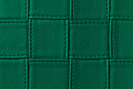 Texture of dark green leather background with square pattern and stitch, macro. Abstract backdrop...