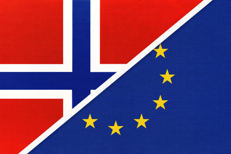 Norway and European Union or EU, national flags from textile. Relationship, partnership and match between two countries.の写真素材