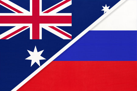 Australia and Russia or Russian Federation, national flags from textile. Relationship, partnership and match between two countries.の写真素材