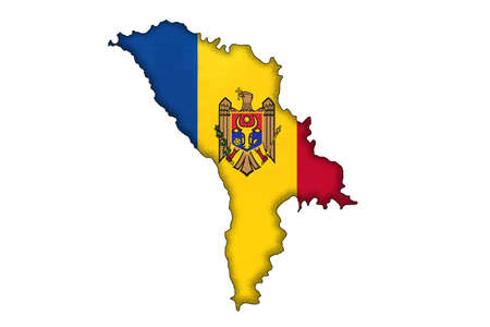 Moldova border silhouette with national flag isolated on white background with copy space. Contour of world european country on geography map. Moldovan official sign, cartography.の写真素材