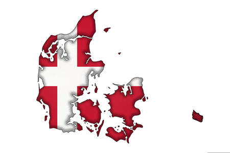 Denmark border silhouette with national flag isolated on white background with copy space. Contour of world european country on geography map. Danish official sign, cartography.の写真素材